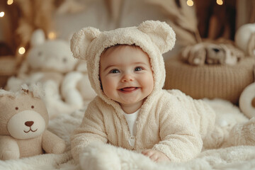 Adorable baby smiling and lying down wearing bear costume