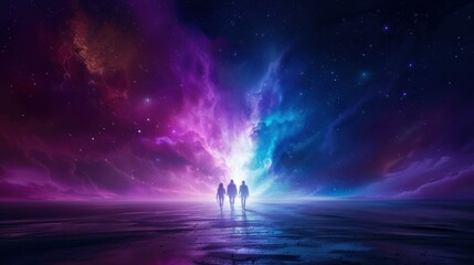 A vibrant cosmic scene depicting three silhouetted figures gazing into a luminous, colorful galaxy filled with stars and swirling nebulae.