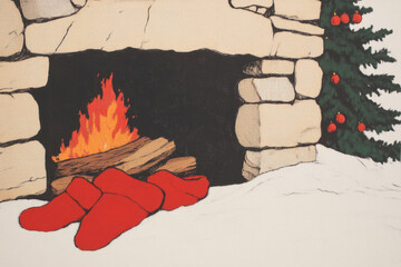 A fireplace with a red log and two red slippers next to it