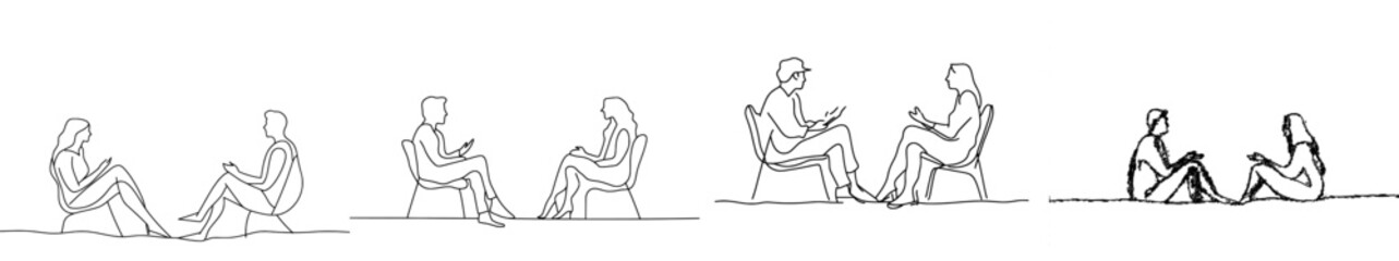 Fototapete - One line drawing of two old women sitting and talking. Modern illustration.