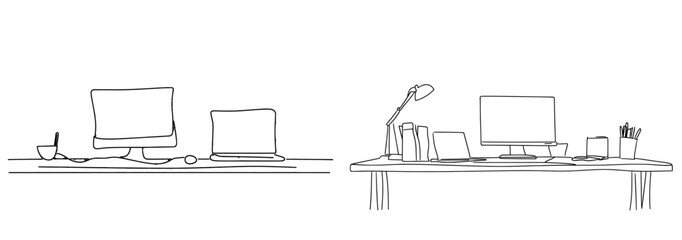 Fototapete - Line drawing of a laptop, desktop computer and mug