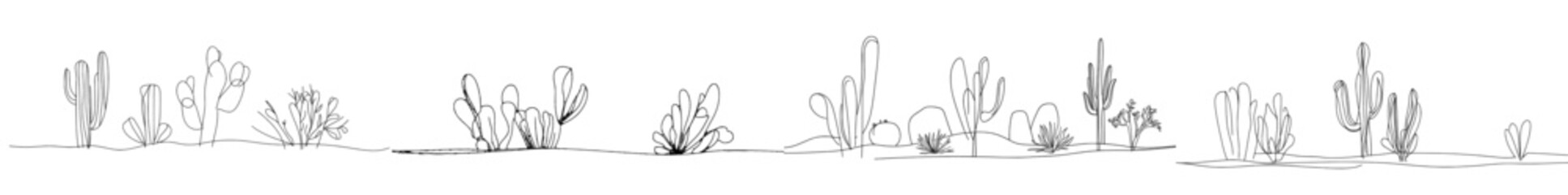 Fototapete - Cute set of Black and White Sketch House Plants Isolated on a White Background. Potted Cactus Family Hand Drawn Illustration.