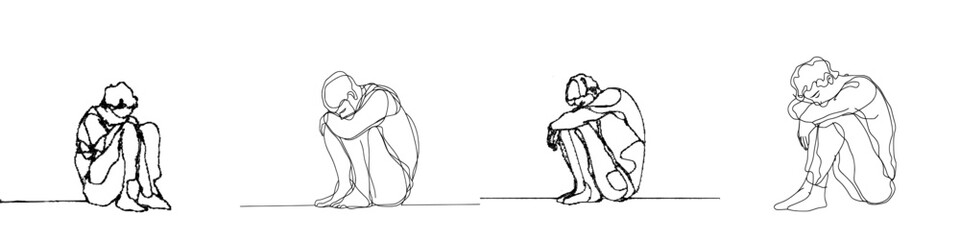 Poster - An ongoing series of line drawings depicts a young woman suffering from depression in mental health. The drawings illustrate the problems, failures, and concepts surrounding heartbreak of the sad,