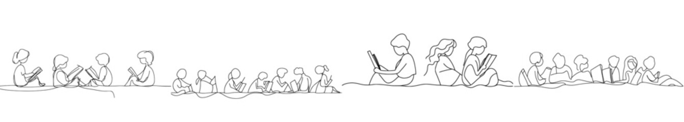 Fototapete - A group of children reads and draws a continuous one-line picture in a book