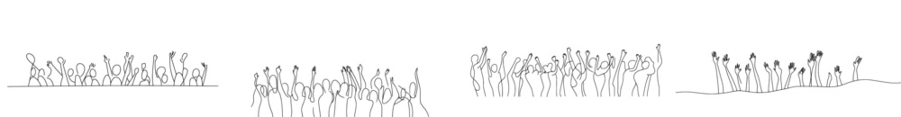 Poster - Crowd cheering illustration. Hands up. Modern continuous one-line drawing of applause people.