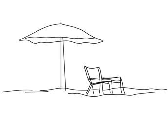 Summer vacation concept illustration of beach umbrella, chairs, chaise longue, and coast of the sea. Summer background illustration for beach holiday isolated on white.