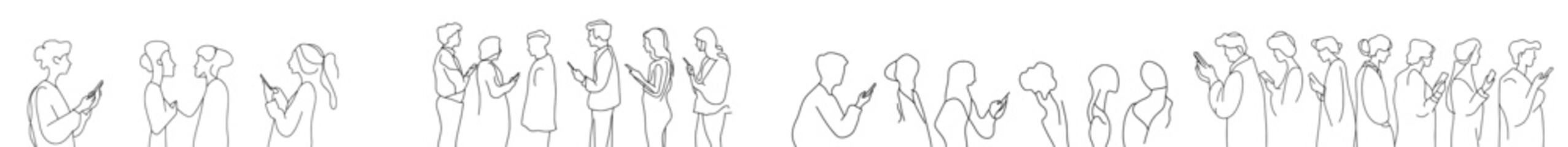 Leinwandbilder - Several people hold smartphones and make online stories or stream online on social networking sites. One line continuous drawing of people holding smartphones.
