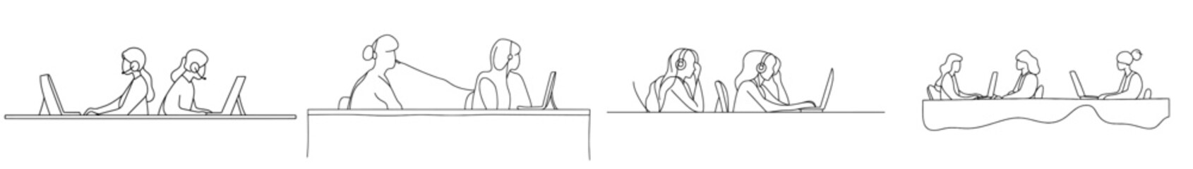 Aufkleber - Male and female call center workers giving thumbs up gesture at computer. Customer service business concept. Continuous line draw design.