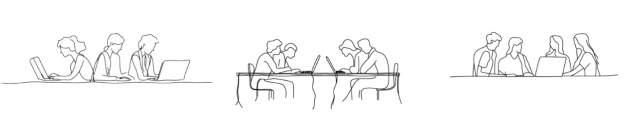 Poster - Illustration of work process with colorful line designs on white background. High quality composition of two business colleagues discussing a project at the computer.