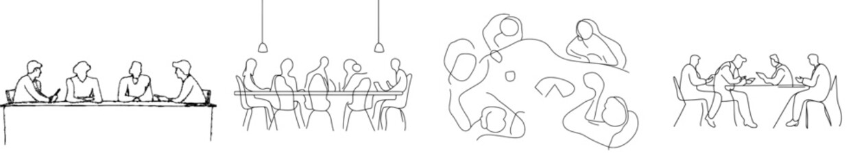 Aufkleber - Modern illustration of a young architect and construction builder discussing blueprint building design from top view. Single line drawing graphic design.