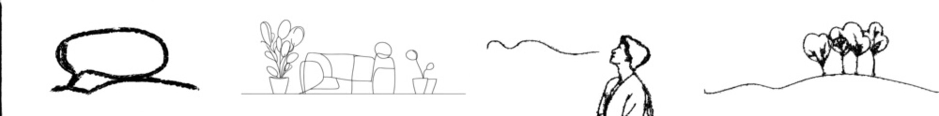 Poster - Black and white graphic illustration made of single lines depicting a continuous speech bubble