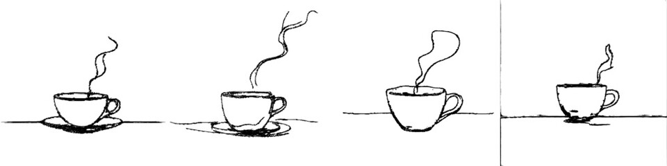 Fototapete - Single line drawing of a cup of coffee, hot beverage with steam Modern minimalist linear illustration