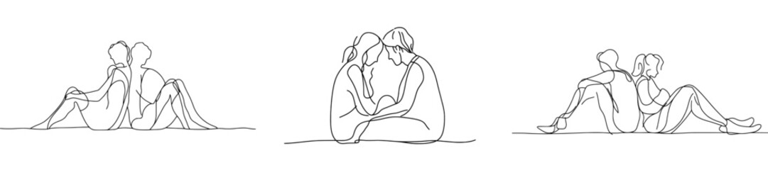 Fototapete - The resting and talking of friends. Continuous line art drawing style. Minimalist black linear design isolated on white background.