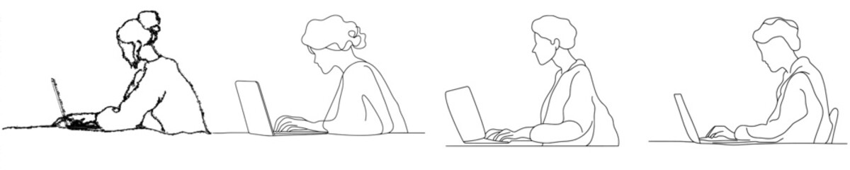 Wall Mural - In this one line drawing, a man is working at a table with a laptop. The design is a trendy one line draw graphic modern illustration.