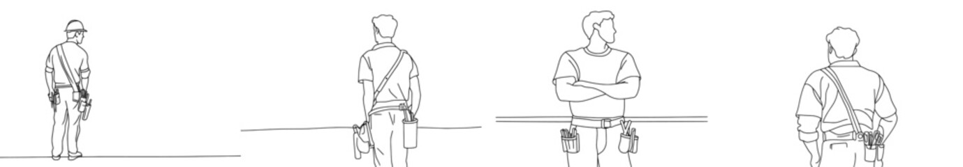 Aufkleber - Continually drawn line illustration of a young handyman in a building construction uniform holding a spirit level. Craftsman home repair concept. One line drawing.