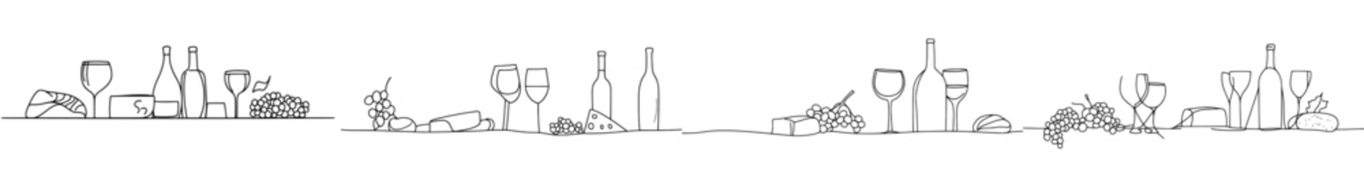 Aufkleber - Modern Background with Horizontal Seamless Pattern of Bottles, Glasses, Olives, Fruits and Cheese on a Transparent Background. A horizontal Seamless Pattern with Wine.
