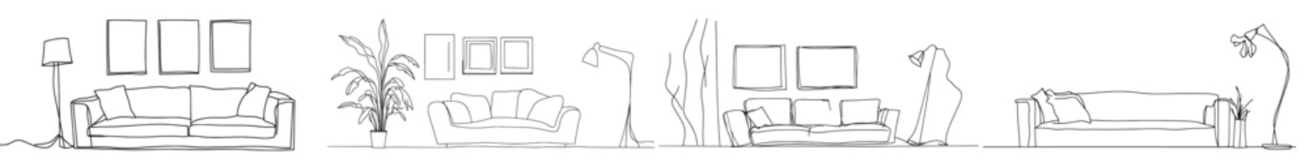 Aufkleber - An editable line drawing of a living room with modern furniture and a plant in a pot. Modern doodle. Single line. Handdrawn contour. Flower in pot.