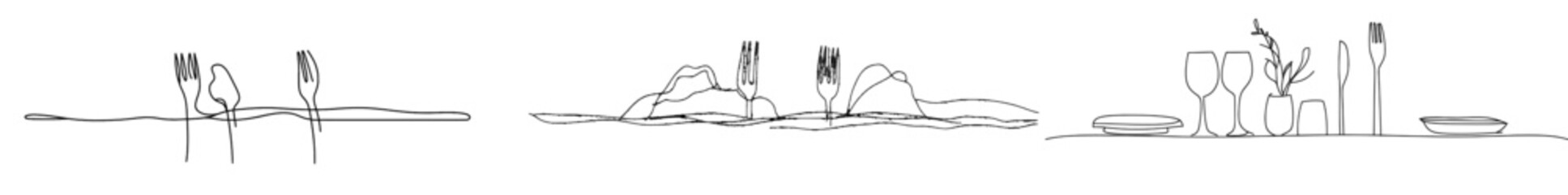 Aufkleber - An illustration of spoons, forks, and knives drawn linearly against a black background. A continuous line drawing shows each item.