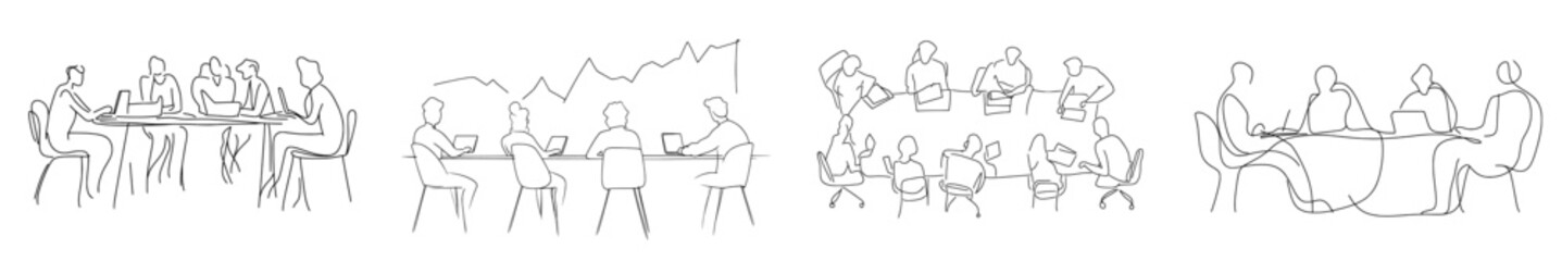 Aufkleber - The top-down view of businesspeople brainstorming at a table together. The concept of collaboration and project management is presented in a single-line drawing.