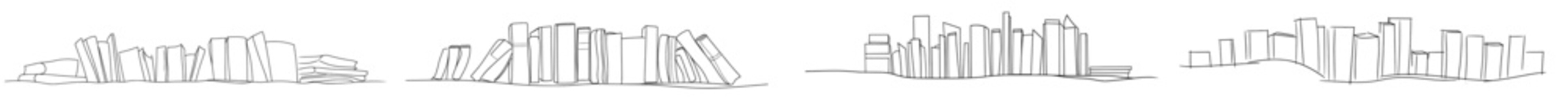 Poster - There are several stacks of books in this one line drawing, and it is continuously drawn with lines of book, reading, knowledge, read, learn, and reading a page.