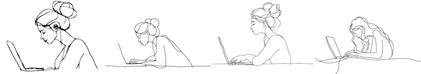Fototapete - An image of a woman working on a laptop computer - a continuous line drawing