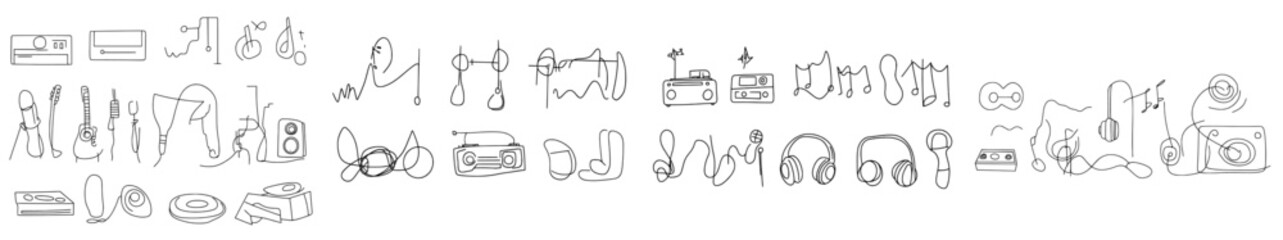 Poster - Modern set for listening to music with continuous one-line sound illustrations. Linear sound wave, audio players and speakers.