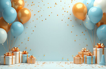 Blue and gold balloons with confetti and gift boxes on a blue background.