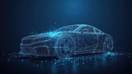 Wall Mural - Abstract digital polygonal isolated car on dark blue background. Technology innovation engineering. Cars rental and cars sale concept. Low poly wireframe banner template. Polygons and connected dots.