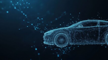 Wall Mural - Abstract digital polygonal isolated car on dark blue background. Technology innovation engineering. Cars rental and cars sale concept. Low poly wireframe banner template. Polygons and connected dots.