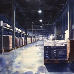 Poster - Industrial Warehouse Interior with Pallets of Goods - Watercolor Illustration.