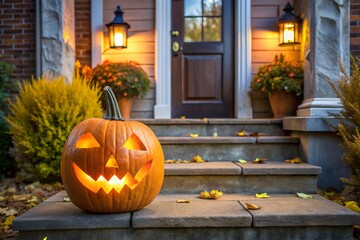 jack o lantern pumpkins decorations near the house, spooky Halloween background