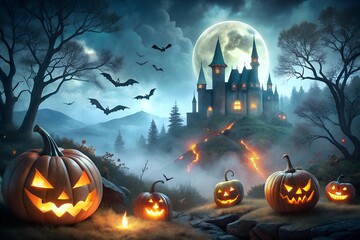 a castle on a mountain with bats, full moon, creepy forest, spooky Halloween season