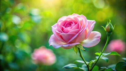 Wall Mural - A delicate pink rose petal gently unfurls from a stem in a lush green garden, foliage, botanical