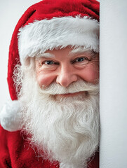 Cheerful Santa Claus peeking around a white wall, wearing a red Santa hat and cozy knit sweater. His playful expression and twinkling eyes evoke a festive holiday spirit. Copy space.