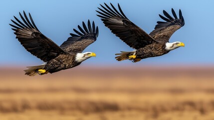 Two Bald Eagles in Flight  Majestic Birds Soaring Against Blue Sky