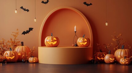 Halloween display podium with 3D Jack O' Lantern pumpkins and candlelight on an orange paper graphic background