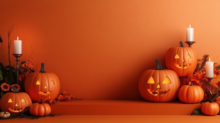 Halloween display podium with 3D Jack O' Lantern pumpkins and candlelight on an orange paper graphic background