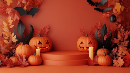 Halloween display podium with 3D Jack O' Lantern pumpkins and candlelight on an orange paper graphic background