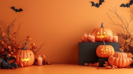 Halloween display podium with 3D Jack O' Lantern pumpkins and candlelight on an orange paper graphic background