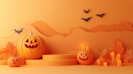 Halloween display podium with 3D Jack O' Lantern pumpkins and candlelight on an orange paper graphic background