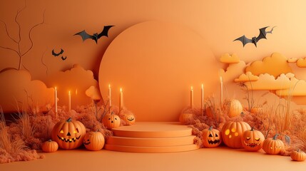 Halloween display podium with 3D Jack O' Lantern pumpkins and candlelight on an orange paper graphic background