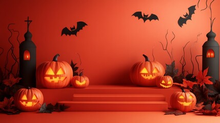 Halloween display podium with 3D Jack O' Lantern pumpkins and candlelight on an orange paper graphic background