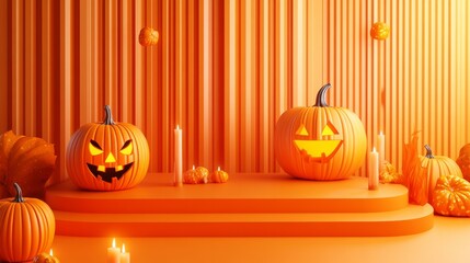 Halloween display podium with 3D Jack O' Lantern pumpkins and candlelight on an orange paper graphic background