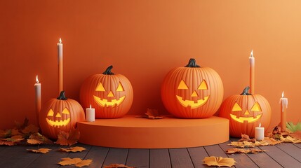 Halloween display podium with 3D Jack O' Lantern pumpkins and candlelight on an orange paper graphic background