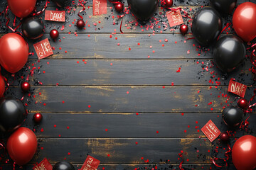 Festive black and red celebration background with balloons and confetti on dark wooden surface