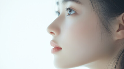 Aufkleber - 若くてかわいいアジア人女性モデル。ナチュラルで肌が綺麗な横顔のショット。美容ポートレート。