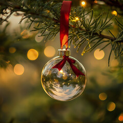 Wall Mural - elegant clear glass christmas ornament hanging from a green pine branch, with warm bokeh lights in t