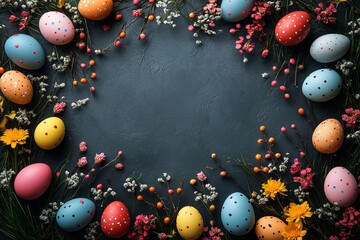 Colorful easter egg border with spring flowers on dark background