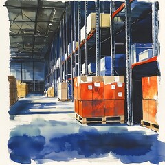 Sticker - Watercolor Illustration of a Warehouse Interior with Storage Shelves and Pallets.