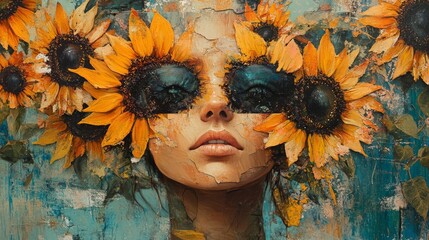 Artistic portrait of a woman, her eyes concealed by sunflowers, abstract and colorful collage